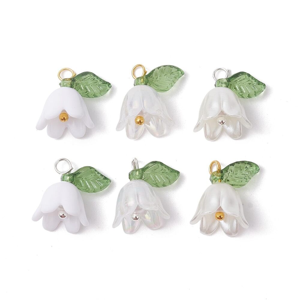 3044 180 Pcs White Lily Flower Acrylic Charms Spring Floral with Leaf